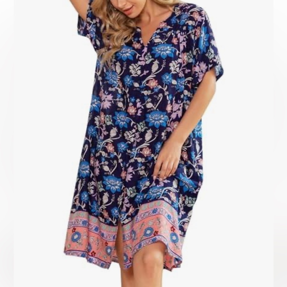 Amazon Women’s XL Multi Blue Floral V-Neck SS Button Up House Midi Dress NWOT - Picture 4 of 16
